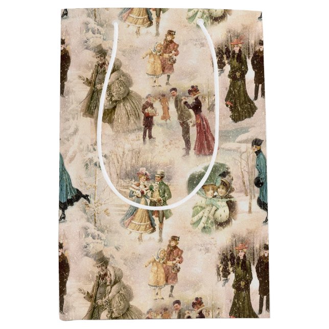 Vintage Winter Fun Snow Scenes Medium Gift Bag (Front)