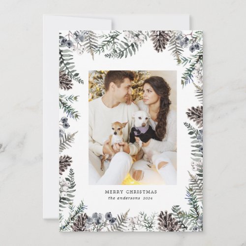 Vintage Winter Greenery Merry Christmas Photo Card