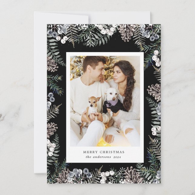 Vintage Winter Greenery Merry Christmas Photo Card (Front)