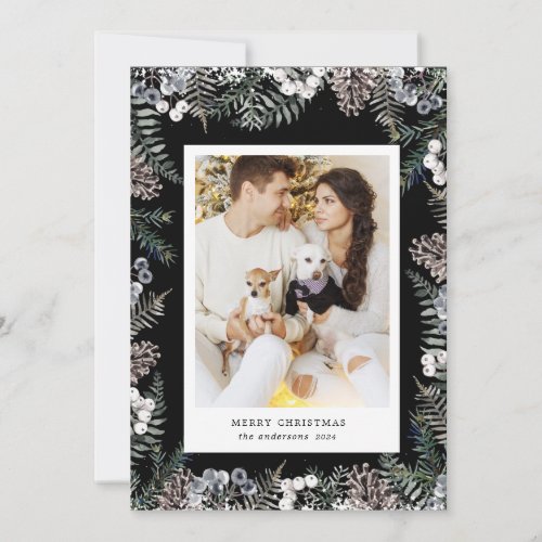 Vintage Winter Greenery Merry Christmas Photo Card