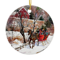 Vintage Winter Horse and Sleigh Ceramic Ornament