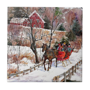 Vintage Winter Horse and Sleigh Ceramic Tile