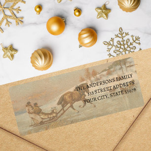 Vintage Winter Horse Sleigh Ride Label