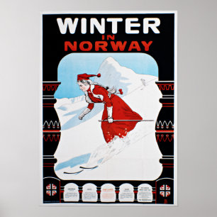 Vintage Winter in Norway Skiing Travel Poster
