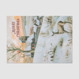 Vintage winter landscape with deer Christmas card Tissue Paper