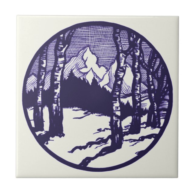 Vintage Winter Mountain Scene Etching Ceramic Tile (Front)