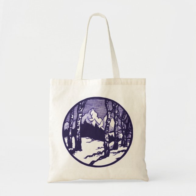 Vintage Winter Mountain Scene Etching Tote Bag (Front)