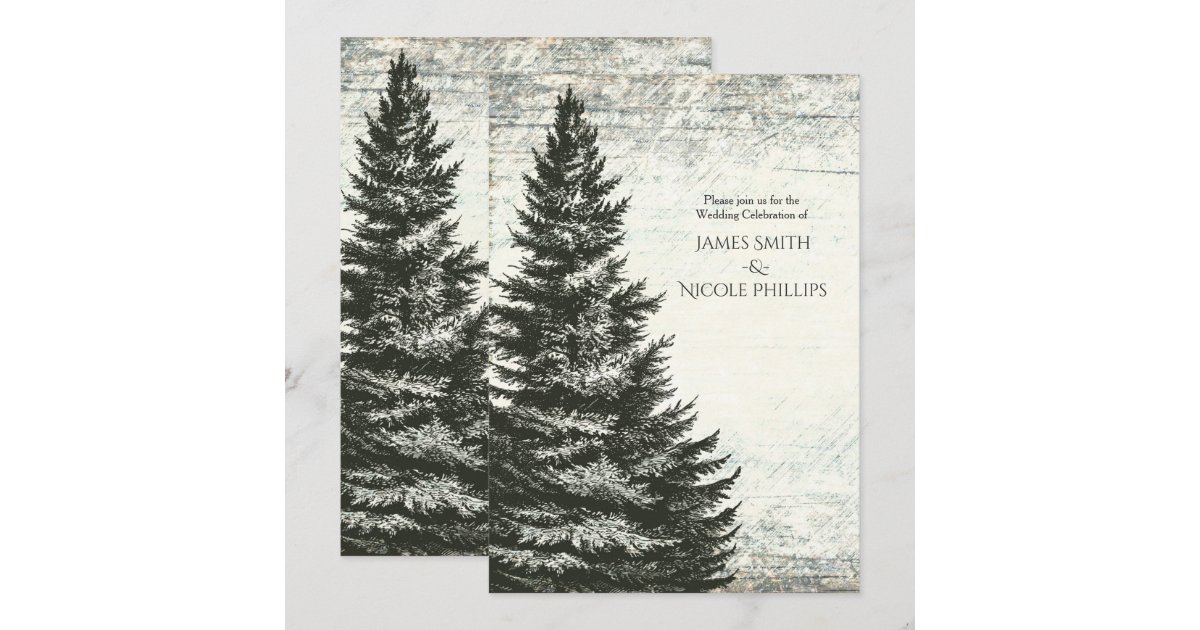 Vintage Winter Pine Tree Rustic Wood Wedding Invitation | Zazzle