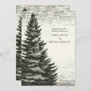 Vintage Winter Pine Tree Rustic Wood Wedding Invitation