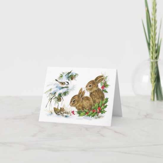 Vintage Winter Rabbits Christmas Card