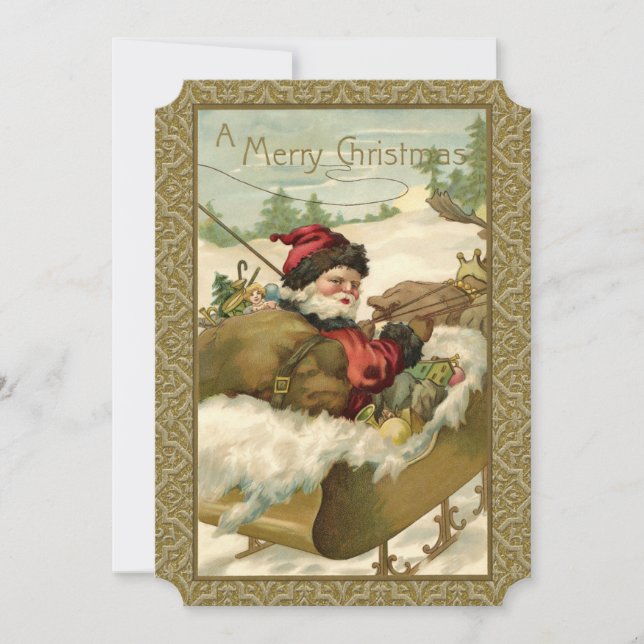 Vintage Winter Santa in Golden Sleigh Holiday Card (Front)