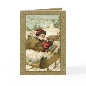Vintage Winter Santa in Golden Sleigh Holiday Card