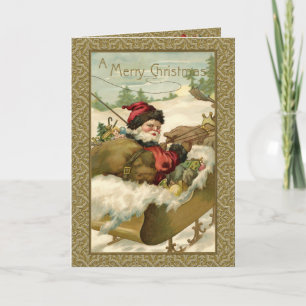 Vintage Winter Santa in Golden Sleigh Holiday Card