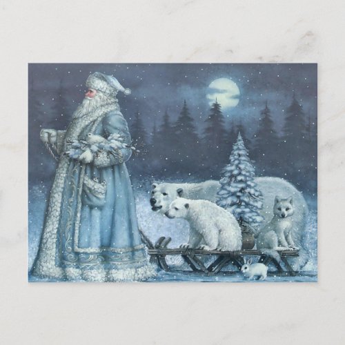 Vintage Winter Santa With Polar Bears Holiday Postcard