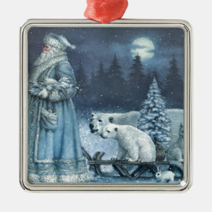 Vintage Winter Santa With Polar Bears Metal Ornament