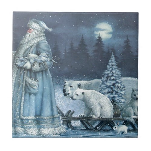 Vintage Winter Santa With Polar Bears Tile
