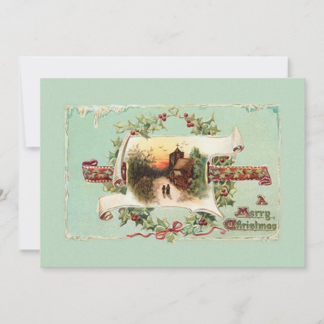 Vintage Winter Scene and Christmas Greeting Holiday Card (Front)