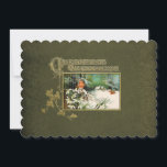 Vintage Winter Scene and Christmas Greeting Holiday Card<br><div class="desc">Lovely Victorian Christmas greeting in ornate illuminated gold text and gold ivy decorate the borders of a peaceful snow scene featuring cardinals and a homestead in the woods. Background is distressed hunter green with embossed ornate floral border.</div>
