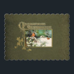 Vintage Winter Scene and Christmas Greeting Holiday Card<br><div class="desc">Lovely Victorian Christmas greeting in ornate illuminated gold text and gold ivy decorate the borders of a peaceful snow scene featuring cardinals and a homestead in the woods. Background is distressed hunter green with embossed ornate floral border.</div>