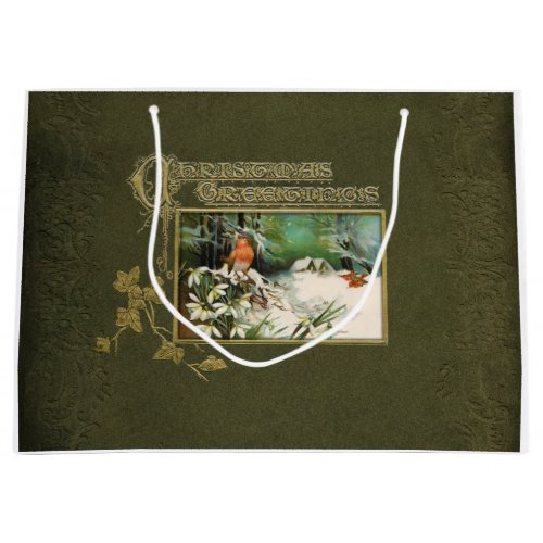 Vintage Winter Scene and Christmas Greeting Large Gift Bag