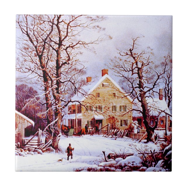 Vintage Winter Scene. Christmas Gift Ceramic Tile (Front)