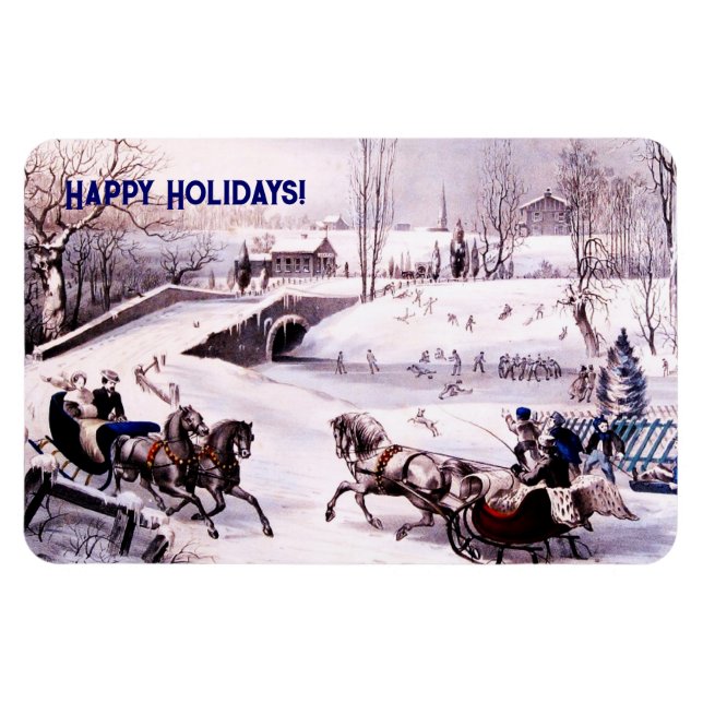 Vintage Winter Scene. Christmas Gift Magnet (Horizontal)
