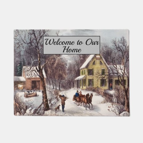 Vintage Winter Scene Horse and Carriage Welcome Doormat