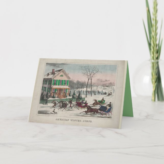 Vintage Winter Scene, Horses, Sleighs Folded Card (Front)