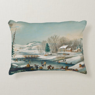 Vintage Winter Scene Ice Skating Holiday Christmas Accent Pillow