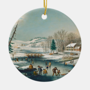 Vintage Winter Scene Ice Skating Holiday Christmas Ceramic Ornament