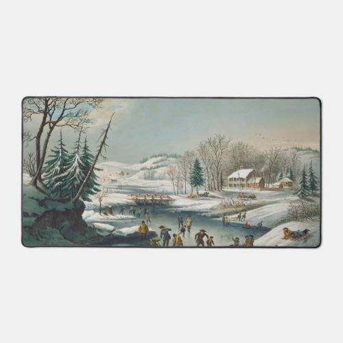 Vintage Winter Scene Ice Skating Holiday Christmas Desk Mat