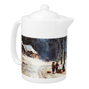 Vintage Winter Scene Painting Christmas Gift Teapot