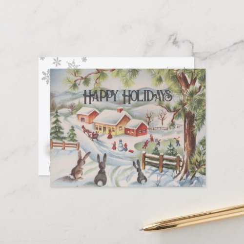 Vintage Winter Scene Rabbit Village Snowman Whimsy Holiday Postcard