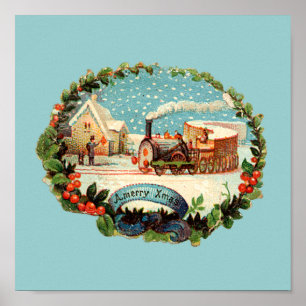 Vintage Winter Scene Train & Station Poster
