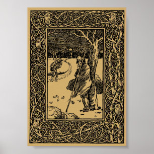 Vintage Winter Scene with Owl in Trees Border Poster