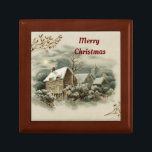 Vintage Winter Scene Wooden Keepsake Box<br><div class="desc">Pretty,  vintage picture of a winter scene of a village covered in snow,  with a message,  "Merry Christmas",  is featured on this wooden gift box. A lovely way to present a gift of jewelry or use to hold rings,  coins and other small keepsakes. Perfect for Christmas gift giving!</div>