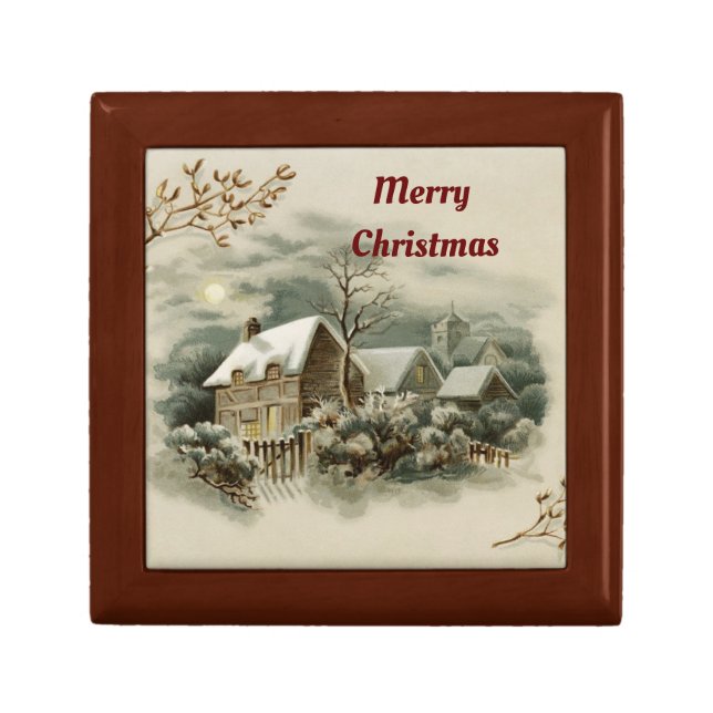 Vintage Winter Scene Wooden Keepsake Box (Front)