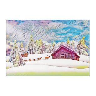 Vintage Winter Scenery Reindeer Log Cabin Painting Acrylic Print