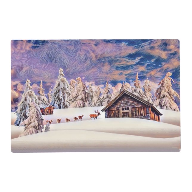 Vintage Winter Scenery Reindeer Log Cabin Painting Placemat (Front)