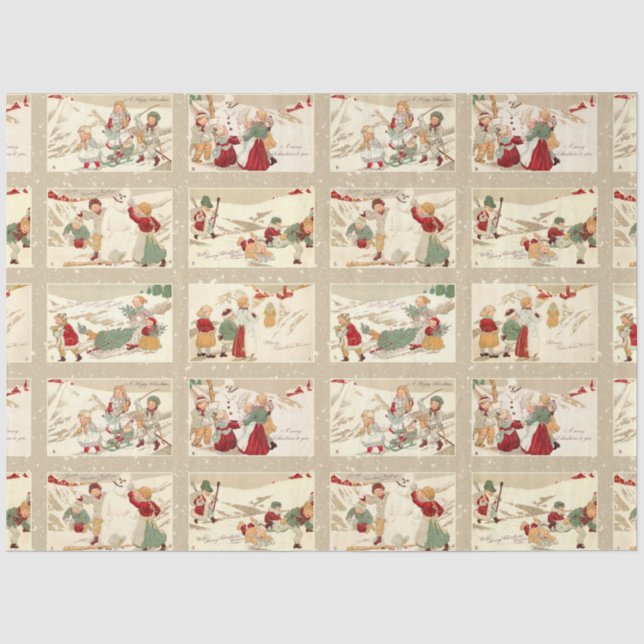 Vintage Winter Scenes with Joyful Children Tissue Paper (Front)