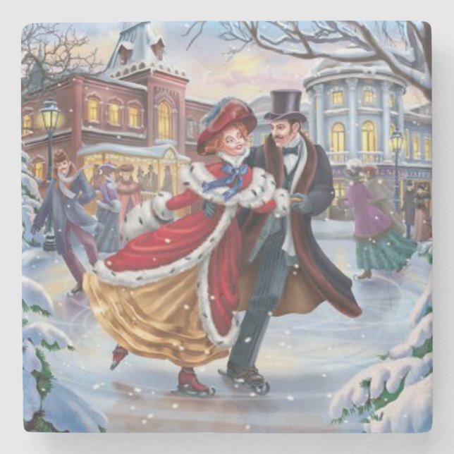 Vintage Winter Skate Fine Art Stone Coaster (Front)