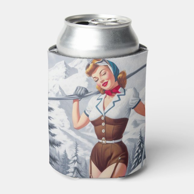 Vintage Winter Ski Pin-Up Can Cooler (Can Front)