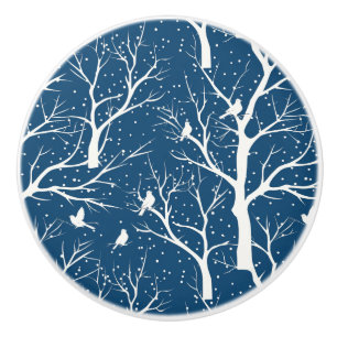 Vintage Winter Sky White Birds Snowflakes Ceramic Knob