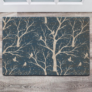 Vintage Winter Sky White Birds Snowflakes Fiber Doormat