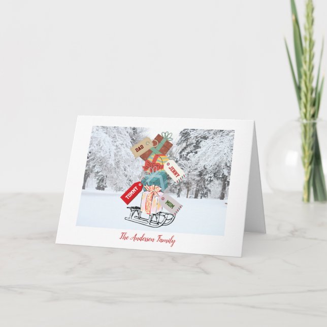 Vintage Winter Sled Custom Family Merry Christmas Card (Front)