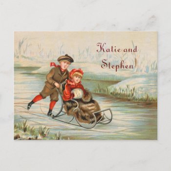 Vintage Winter Sledding Save The Date Announcement Postcard by itsyourwedding at Zazzle