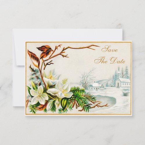 Vintage Winter Snow Church  Lilies Save The Date