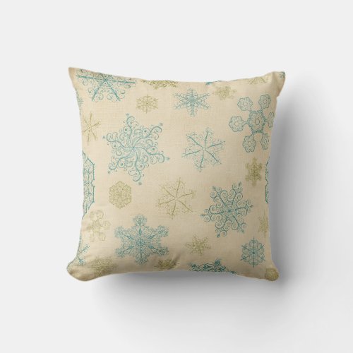 Vintage winter snowflake cute rustic cream teal throw pillow