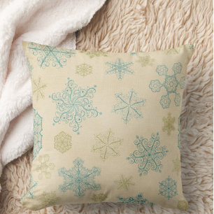 Vintage winter snowflake cute rustic striped teal throw pillow
