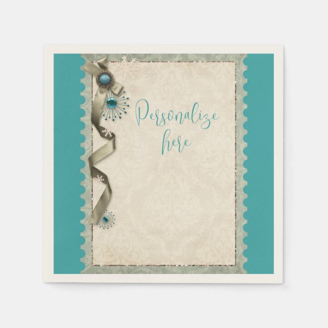 Vintage Winter snowflake ribbon damask  gold teal Napkins (Front)